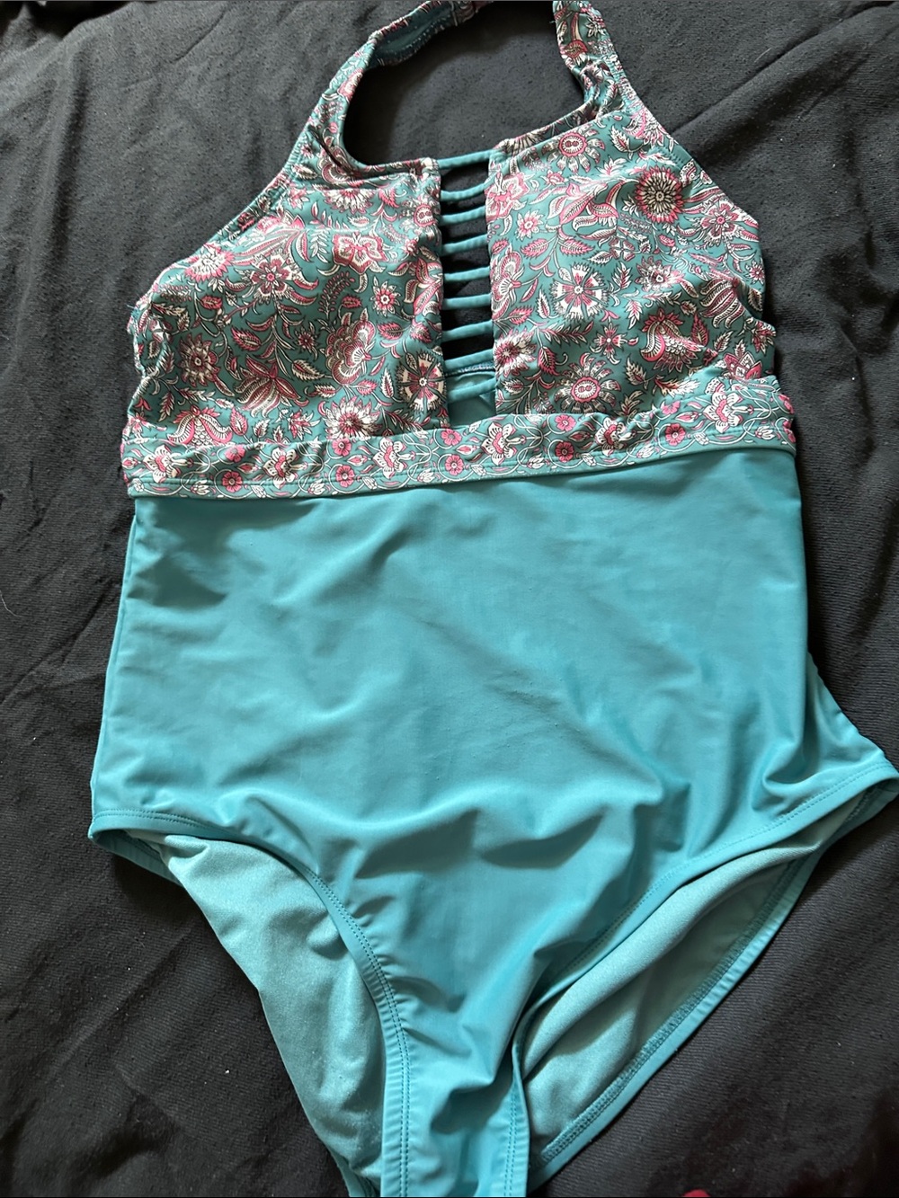 Teal and Pink Floral Halter One-Piece Swimsuit